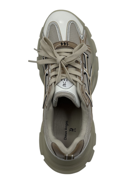 Top view of a beige sneaker with laces tied.