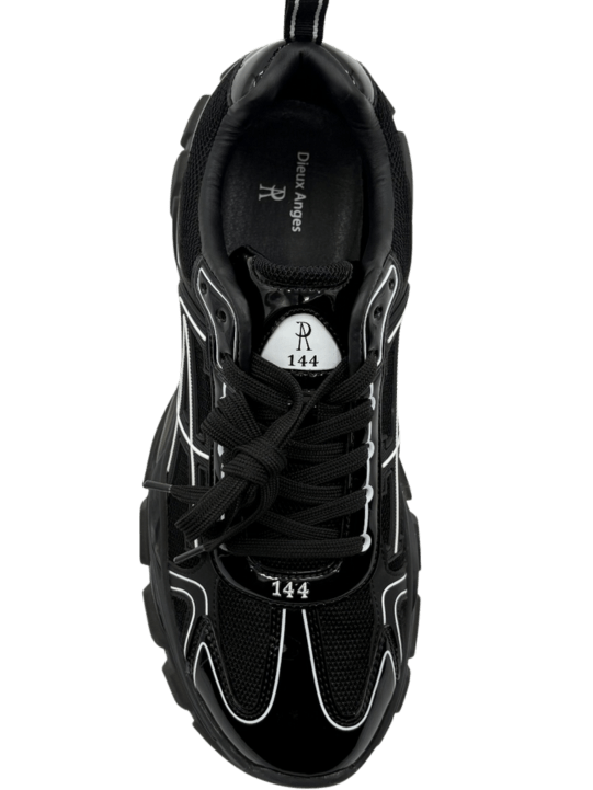 Top view of a black sneaker with detailed stitching and laces.